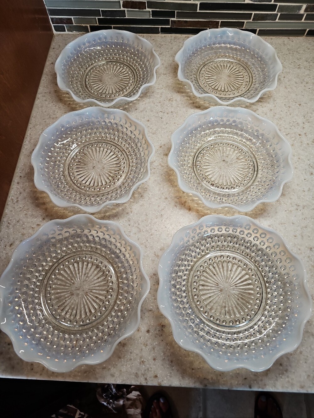 6 Vintage Moonstone Opalescent Hobnail Crimped 8 Inch Bowls